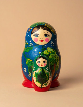 A pair of traditional hand-painted Russian matryoshka dolls stand together, symbolizing family, heritage, and the beautiful layers of generations.の素材