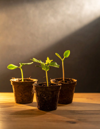 In a quiet room, three tiny seedlings reach towards a single, dramatic beam of morning light.の素材