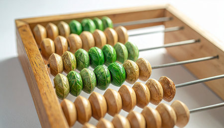 A close-up view of a traditional wooden abacus, its beads waiting for a calculation.の素材