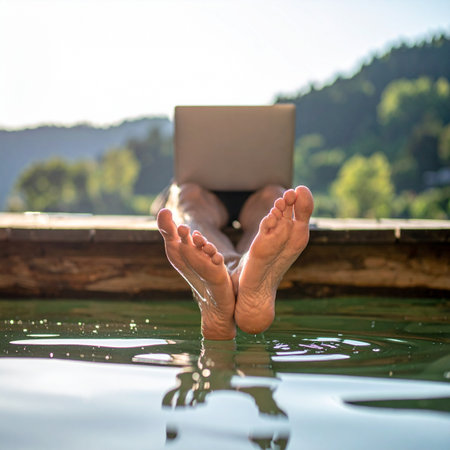 A woman enjoys a moment of pure tranquility, soaking in a warm outdoor hot tub with a good book.の素材