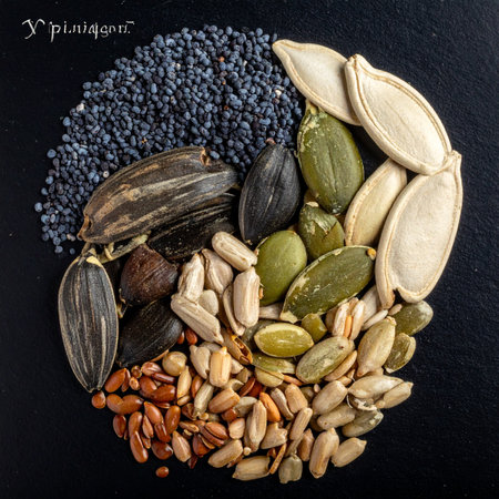 An artistic, top-down view of various edible seeds arranged in a yin-yang symbol.の素材