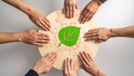 A diverse group of hands comes together in unity, assembling a circular puzzle with a green leaf at its heart.の素材