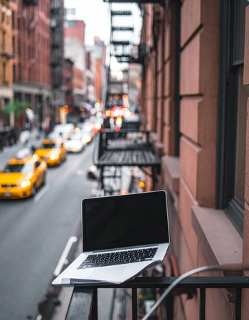 A laptop sits ready for work on a classic New York City fire escape, offering a unique office view above the bustling street.の素材