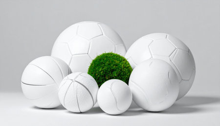 In a world of uniform competition, a single sphere of vibrant green moss emerges, symbolizing the growing importance of sustainability and nature in sports.の素材