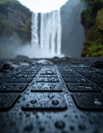 In the misty spray of a colossal waterfall, a laptop keyboard bears the droplets of the raw, untamed wilderness.の素材
