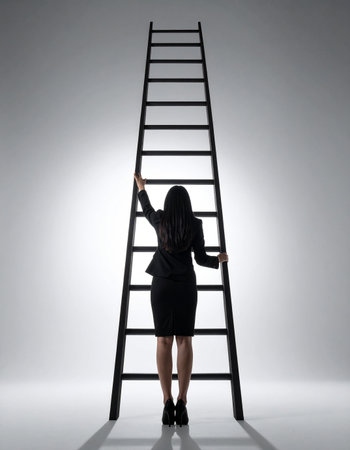 A determined businesswoman, seen from behind in a powerful silhouette, takes the first crucial step onto the corporate ladder.の素材