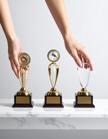 In a moment of decision, a hand carefully selects the perfect award from a lineup of gold and glass trophies.の素材