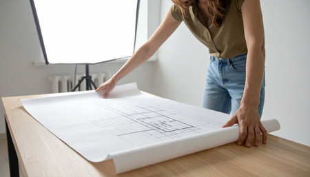 A female architect carefully unrolls the blueprints for a new project on her studio desk.の素材
