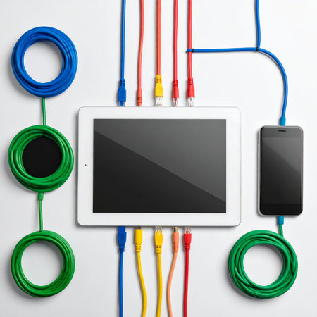 A central digital hub comes to life as a tablet and smartphone are seamlessly integrated through a vibrant network of colorful cables.の素材