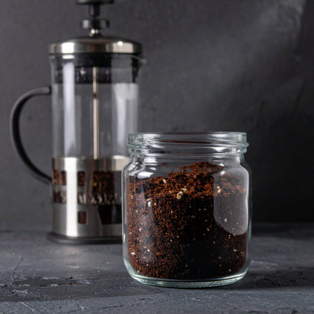 A close-up of a glass jar filled with freshly ground artisanal coffee, with a classic French press waiting in the background.の素材