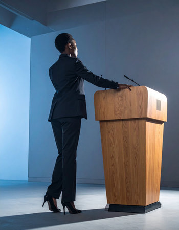 A confident and poised female leader stands at a wooden podium, bathed in a spotlight against a cool blue background.の素材