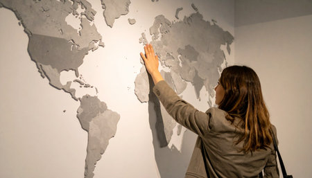 A young woman stands before a large, textured world map on a wall, her finger tracing a path to a new destination.の素材