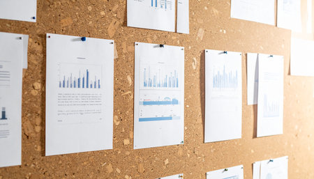 A collection of business performance charts and data reports are pinned to a corkboard, illuminated by warm sunlight.の素材