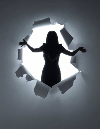 A powerful silhouette of a woman emerges from a torn hole in a wall, stepping into a bright, unknown light.の素材