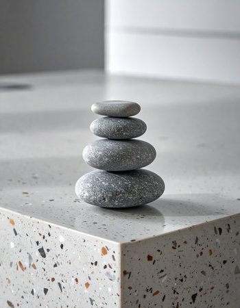 A perfectly balanced stack of smooth stones rests on a modern terrazzo surface, creating a moment of pure calm and serenity.の素材