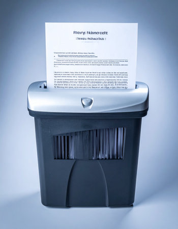 A document containing sensitive, confidential information is fed into an office paper shredder.の素材