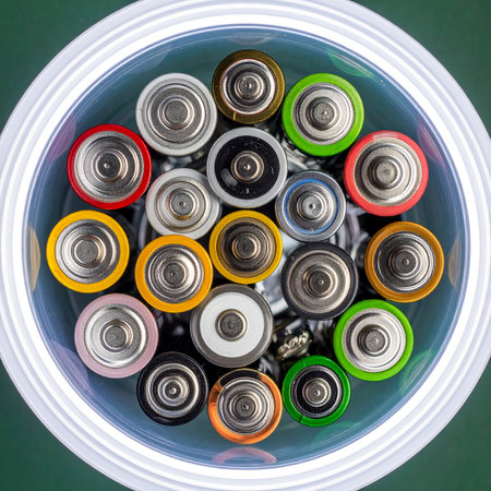 A top-down view of a collection of colorful used batteries gathered for recycling.の素材