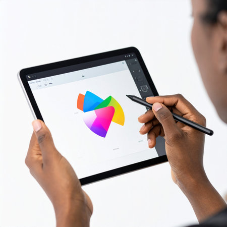 A graphic designer brings a vibrant brand concept to life on her digital tablet. With a precise stylus in hand, she refines the colorful logo, immersed in a seamless and creative workflow.の素材