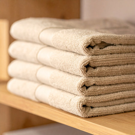 A neatly folded stack of fresh, beige towels rests on a warm wooden shelf, ready for use.の素材