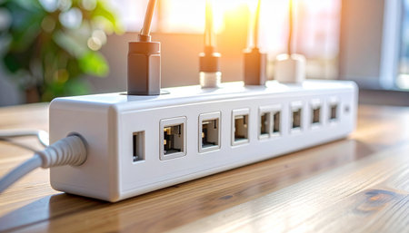 In a sun-drenched office, a central connectivity hub powers and connects multiple devices.の素材