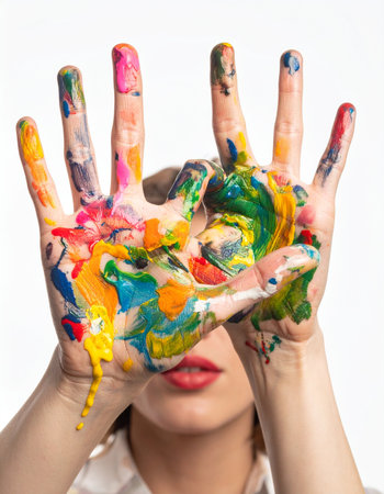 An artist reveals her passion, her hands covered in a vibrant explosion of paint. This image captures a moment of pure, uninhibited creativity and the messy, beautiful process of making art.の素材