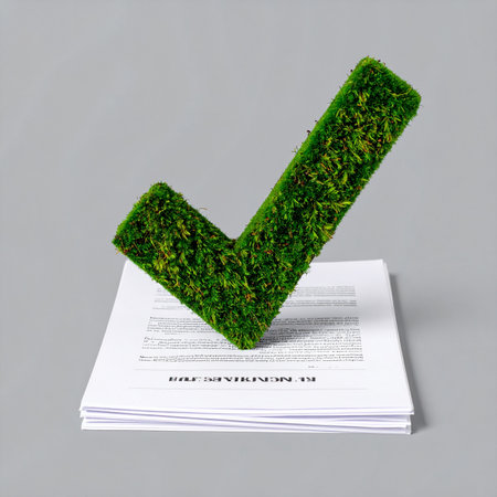 A green, moss-covered checkmark stands on a stack of official documents, symbolizing the successful verification of eco-friendly practices.の素材