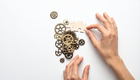 A pair of hands carefully places the final wooden puzzle piece into an intricate collection of gears.の素材