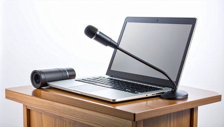 A modern wooden lectern is set up for a digital presentation or webinar.の素材