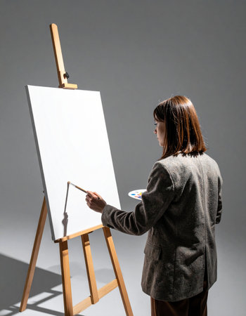 A female artist stands before a blank canvas in her quiet studio, palette in hand. With focused determination, she is about to make the first brushstroke, turning a simple idea into a new masterpiece.の素材
