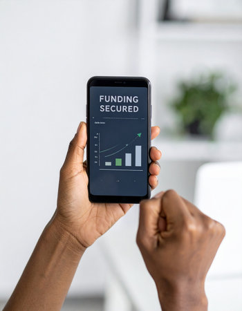 A moment of pure triumph for an entrepreneur. After a long wait, the notification arrives on their smartphone: 'Funding Secured.の素材