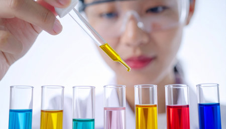 A focused female scientist in safety goggles meticulously uses a pipette to add a drop of yellow solution to a row of colorful test tubes.の素材