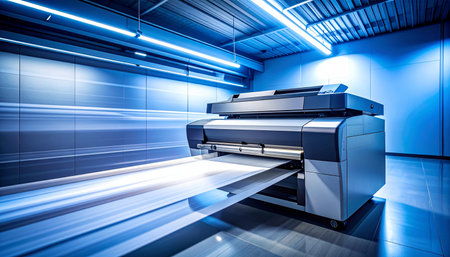 In a sleek, futuristic facility bathed in cool blue light, a state-of-the-art large format printer operates with incredible speed and precision.の素材