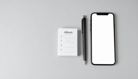 A clean and organized flat lay composition featuring a smartphone with a blank screen, perfect for app mockups, alongside a checklist and pen.の素材