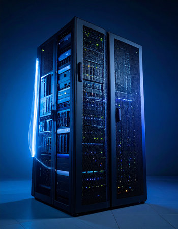 In the heart of a secure data center, a powerful server rack hums with activity, its components illuminated by a cool, futuristic blue light.の素材
