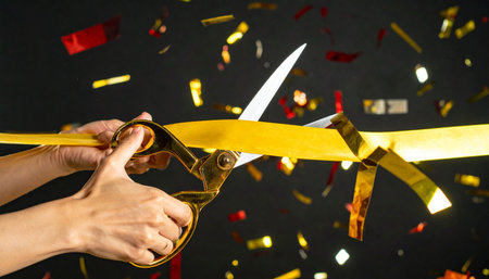 A climactic moment captured as scissors slice through a golden ribbon, marking a significant new beginning.の素材