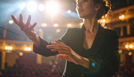 A passionate female conductor, bathed in the warm glow of stage lights, gracefully directs her orchestra.の素材