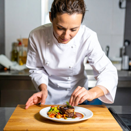With intense focus and a steady hand, a professional female chef adds the final garnish to a gourmet dish.の素材
