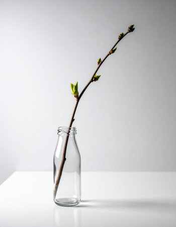 A single delicate branch, showing the first signs of spring with fresh green buds, rests in a simple glass bottle.の素材