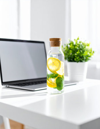 A bottle of fresh lemon and mint infused water sits on a clean, white desk next to a laptop, offering a moment of healthy hydration and revitalization.の素材