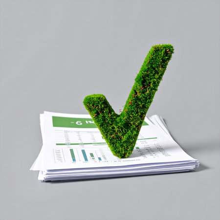 A green, grass-covered checkmark stands proudly on a stack of business reports, symbolizing the successful approval of an environmental audit.の素材