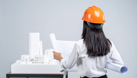 From a rear view, a dedicated female architect in an orange hard hat meticulously examines a detailed scale model of a new urban development.の素材