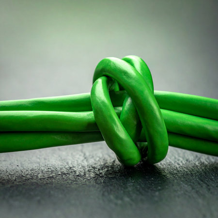 A vibrant green network cable is tied in a tight, complex knot on a dark surface.の素材