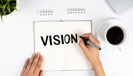 From a top-down perspective, a person's hand carefully writes the word 'VISION' in a clean notebook.の素材