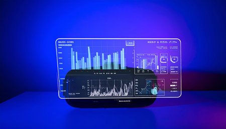 A glowing holographic interface displays complex financial analytics and stock market data, projecting a vision of the future of business and investment.の素材
