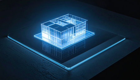 A glowing blue hologram displays the intricate digital blueprint of a modern home, symbolizing the future of architecture, smart home technology, and real estate development.の素材