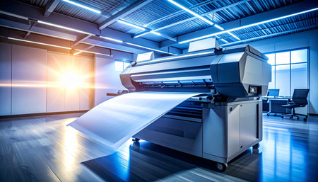 In a sleek, modern facility illuminated by cool blue lights, a state-of-the-art large format printer works with precision and speed.の素材