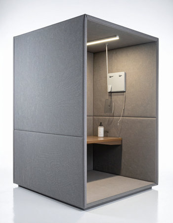 A sleek, modern office pod stands as a sanctuary of silence against a clean white background.の素材