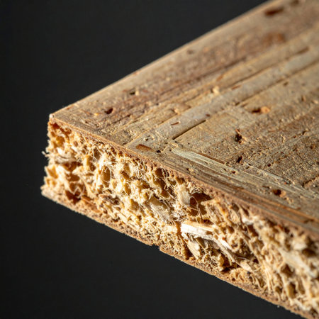 A detailed macro photograph captures the raw, textured edge of an industrial chipboard panel.の素材