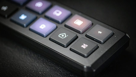 In a dimly lit studio, a content creator's fingers hover over a custom macro pad. Each glowing icon represents a complex command, now executed with a single press.の素材