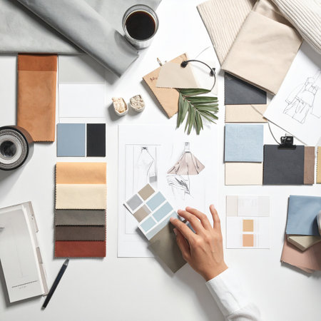 From a top-down perspective, an interior designer's hands carefully arrange color palettes and fabric samples.の素材